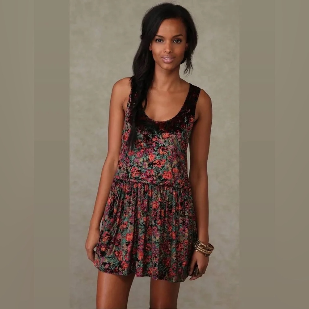 Free People Crushed Velvet Floral Burgundy Mini Dress